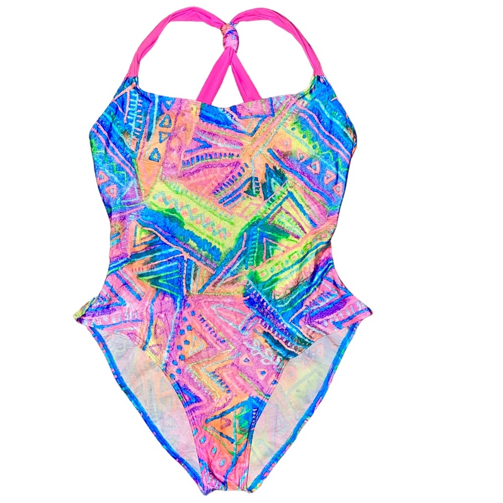 L 14 VTG Sessa Bright Neon High Cut Ultra Low Back Crinkle One Piece Swimsuit